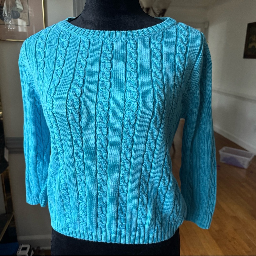 Talbots Sky Blue Cable Knit 3/4 Sleeve Sweater